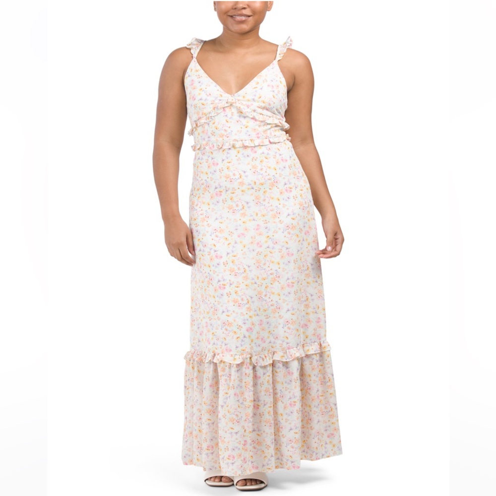 BCBG Floral Maxi Dress with Ruffle Adjustable thin Straps